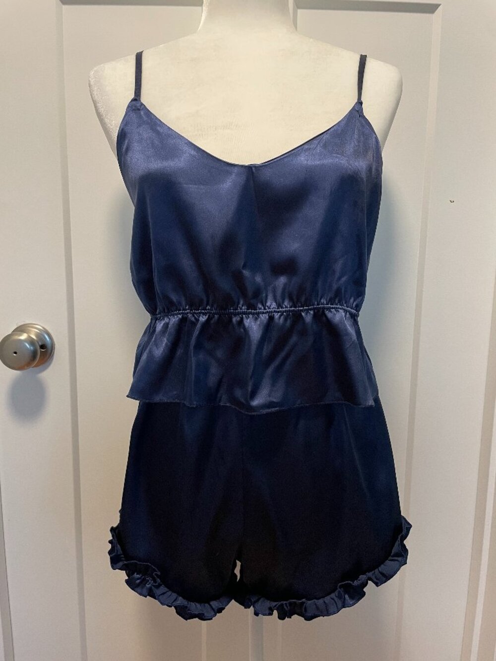 Satin Cami Ruffle Shorts Sleep Set Navy Blue Coquette Lounge Two Piece Size L/XL